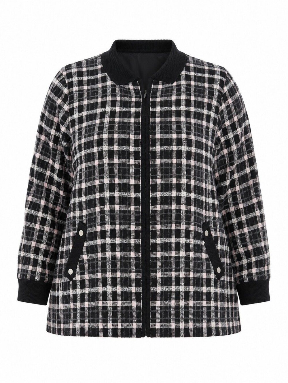 CJ Banks Plus Size Office Full Zip Black Light Pink Tweed Plaid Women Jacket 3X
